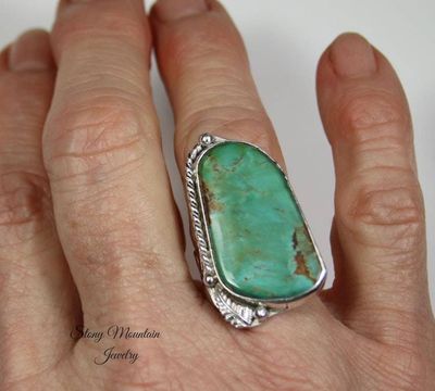 Alternate image for Kingman Turquoise Ring, Artistic Handmade Large Turquoise Ring, Modern Sterling Silver Wide Band Turquoise Cocktail Ring Size 7.5