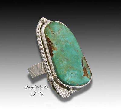 Alternate image for Kingman Turquoise Ring, Artistic Handmade Large Turquoise Ring, Modern Sterling Silver Wide Band Turquoise Cocktail Ring Size 7.5