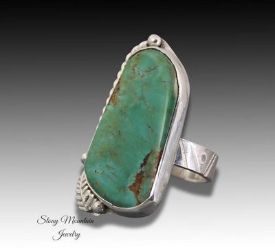 Alternate image for Kingman Turquoise Ring, Artistic Handmade Large Turquoise Ring, Modern Sterling Silver Wide Band Turquoise Cocktail Ring Size 7.5