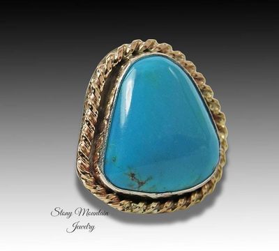 Alternate image for Pinto Valley Turquoise Ring, Large Turquoise Mixed Metal Ring, Handmade Modern Sterling Silver & 14kt Gold Fill Turquoise Cocktail Ring Size 7