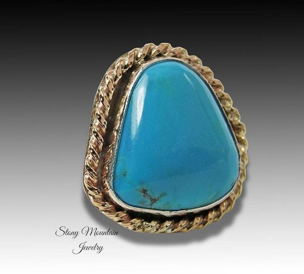 Alternate image for Pinto Valley Turquoise Ring, Large Turquoise Mixed Metal Ring, Handmade Modern Sterling Silver & 14kt Gold Fill Turquoise Cocktail Ring Size 7