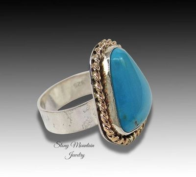 Alternate image for Pinto Valley Turquoise Ring, Large Turquoise Mixed Metal Ring, Handmade Modern Sterling Silver & 14kt Gold Fill Turquoise Cocktail Ring Size 7