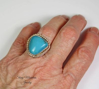 Alternate image for Pinto Valley Turquoise Ring, Large Turquoise Mixed Metal Ring, Handmade Modern Sterling Silver & 14kt Gold Fill Turquoise Cocktail Ring Size 7