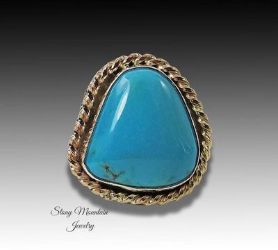 Alternate image for Pinto Valley Turquoise Ring, Large Turquoise Mixed Metal Ring, Handmade Modern Sterling Silver & 14kt Gold Fill Turquoise Cocktail Ring Size 7