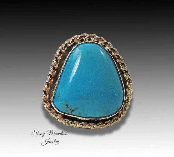 Alternate image for Pinto Valley Turquoise Ring, Large Turquoise Mixed Metal Ring, Handmade Modern Sterling Silver & 14kt Gold Fill Turquoise Cocktail Ring Size 7