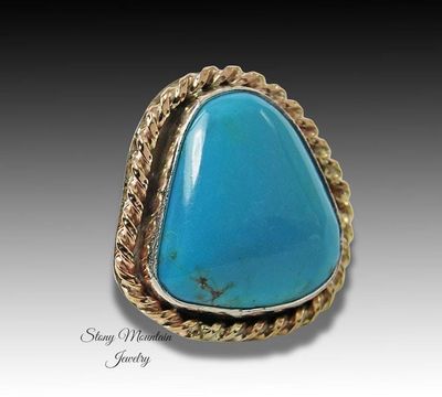 Alternate image for Pinto Valley Turquoise Ring, Large Turquoise Mixed Metal Ring, Handmade Modern Sterling Silver & 14kt Gold Fill Turquoise Cocktail Ring Size 7
