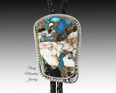 Alternate image for White Buffalo & Turquoise Bolo Tie in Sterling Silver, Custom Handcrafted Wedding Bolo Tie, The Feather Collection, Alternative Necktie