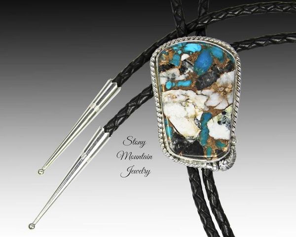 Alternate image for White Buffalo & Turquoise Bolo Tie in Sterling Silver, Custom Handcrafted Wedding Bolo Tie, The Feather Collection, Alternative Necktie