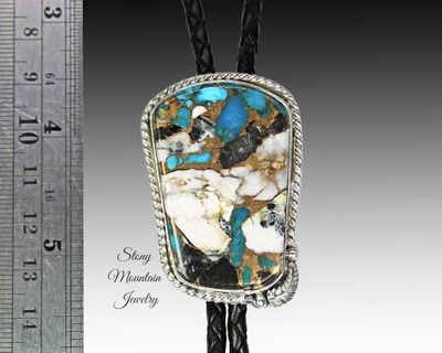 Alternate image for White Buffalo & Turquoise Bolo Tie in Sterling Silver, Custom Handcrafted Wedding Bolo Tie, The Feather Collection, Alternative Necktie