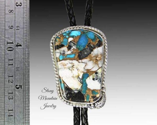 Alternate image for White Buffalo & Turquoise Bolo Tie in Sterling Silver, Custom Handcrafted Wedding Bolo Tie, The Feather Collection, Alternative Necktie