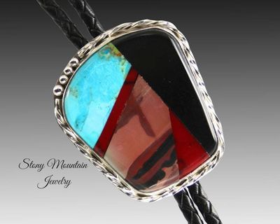 Alternate image for Custom Inlay Bolo Tie, Designer Bolo Tie with Paint Jasper, Turquoise & Black Jade, One of a Kind Wedding Bolo Tie, Fathers Day Gift