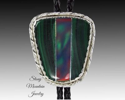Alternate image for Custom Sterling Silver Wedding Bolo Tie, Malachite and Aurora Opal Inlay Bolo Tie, Unique Modern Designer Bolo Ties, Fathers Day Gift