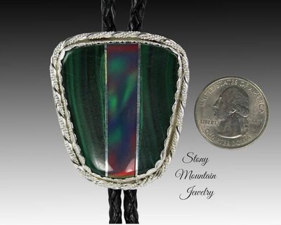 Alternate image for Custom Sterling Silver Wedding Bolo Tie, Malachite and Aurora Opal Inlay Bolo Tie, Unique Modern Designer Bolo Ties, Fathers Day Gift