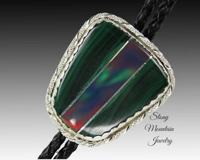 Alternate image for Custom Sterling Silver Wedding Bolo Tie, Malachite and Aurora Opal Inlay Bolo Tie, Unique Modern Designer Bolo Ties, Fathers Day Gift