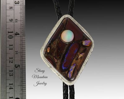 Alternate image for Australian Opal Bolo Tie, Custom Handcrafted Wedding Bolo Tie, Modern Sterling Silver Boulder Opal Designer Bolo Ties for Men or Women