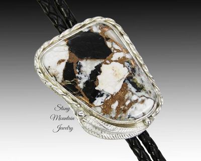 Alternate image for White Buffalo Bolo Tie in Sterling Silver, Western Wedding Bolo Tie, Unique White Buffalo & Bronze Matrix Custom Design Feather Collection