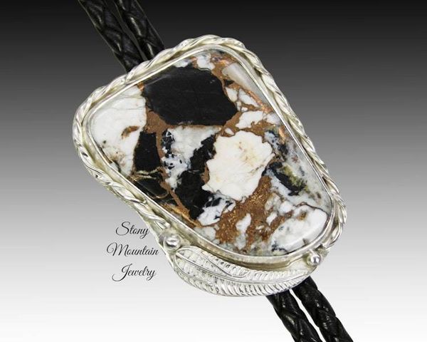 Alternate image for White Buffalo Bolo Tie in Sterling Silver, Western Wedding Bolo Tie, Unique White Buffalo & Bronze Matrix Custom Design Feather Collection