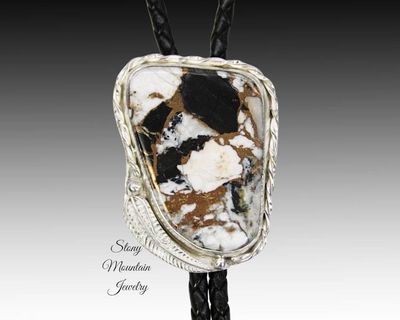 Alternate image for White Buffalo Bolo Tie in Sterling Silver, Western Wedding Bolo Tie, Unique White Buffalo & Bronze Matrix Custom Design Feather Collection