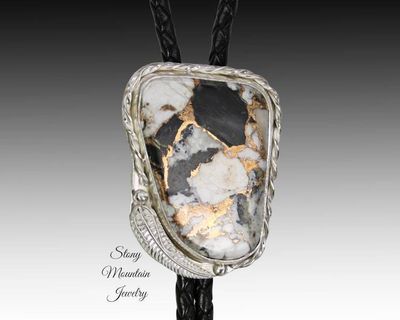 Alternate image for White Buffalo Bolo Tie in Sterling Silver, Western Wedding Bolo Tie, Unique White Buffalo & Bronze Matrix Custom Design Feather Collection
