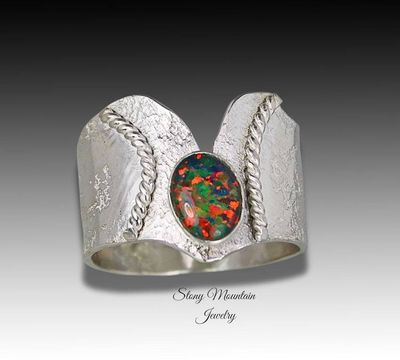 Primary image for Australian Black Opal Ring, Handmade Genuine Australian Opal Ring, Unique Sterling Silver Natural Opal Cocktail Ring Size 8