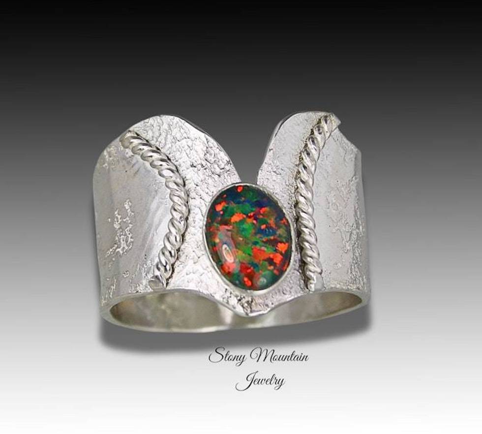 Australian Black Opal Ring, Handmade Genuine Australian Opal Ring, Unique Sterling Silver Natural Opal Cocktail Ring Size 8