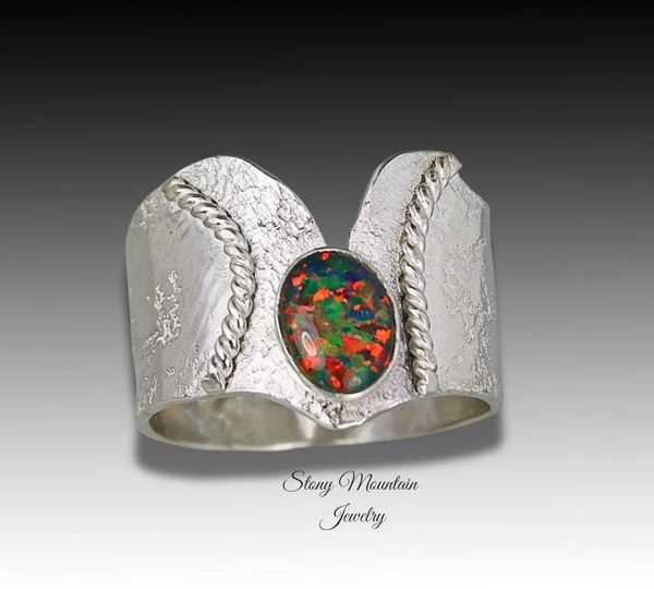 Alternate image for Australian Black Opal Ring, Handmade Genuine Australian Opal Ring, Unique Sterling Silver Natural Opal Cocktail Ring Size 8