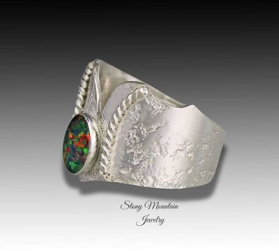 Alternate image for Australian Black Opal Ring, Handmade Genuine Australian Opal Ring, Unique Sterling Silver Natural Opal Cocktail Ring Size 8