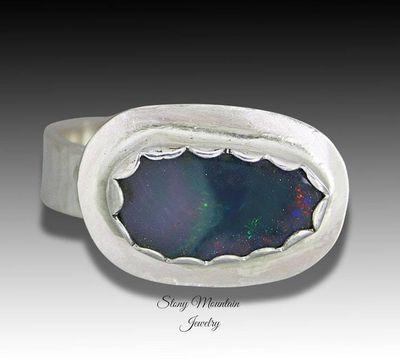 Alternate image for Australian Boulder Opal Ring, Handmade Genuine Australian Opal Ring, Unique Sterling Silver Natural Blue Opal Cocktail Ring