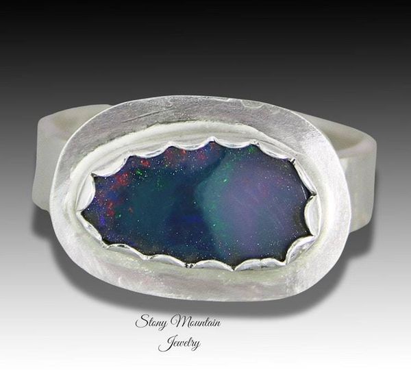 Alternate image for Australian Boulder Opal Ring, Handmade Genuine Australian Opal Ring, Unique Sterling Silver Natural Blue Opal Cocktail Ring