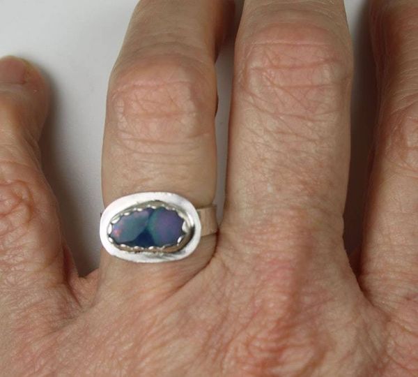 Alternate image for Australian Boulder Opal Ring, Handmade Genuine Australian Opal Ring, Unique Sterling Silver Natural Blue Opal Cocktail Ring