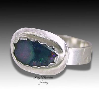 Alternate image for Australian Boulder Opal Ring, Handmade Genuine Australian Opal Ring, Unique Sterling Silver Natural Blue Opal Cocktail Ring