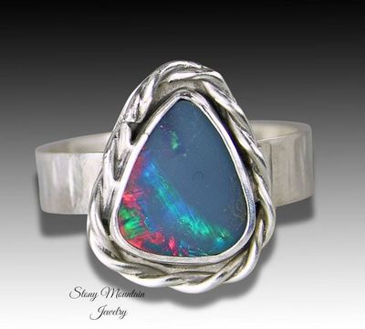 Primary image for One of a Kind Australian Opal Ring, Handmade Genuine Opal Ring, Unique Sterling Silver Natural Blue Boulder Opal Cocktail Ring Size 7
