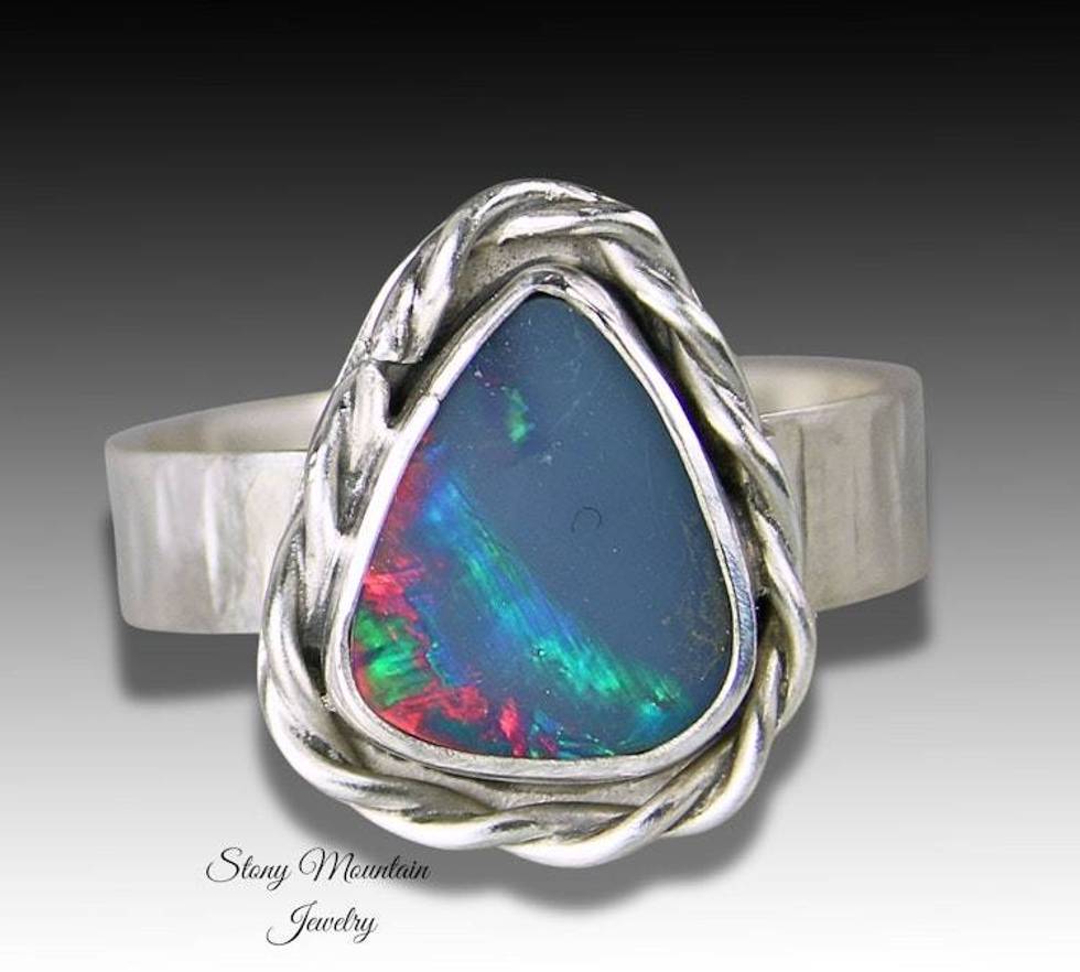 One of a Kind Australian Opal Ring, Handmade Genuine Opal Ring, Unique Sterling Silver Natural Blue Boulder Opal Cocktail Ring Size 7
