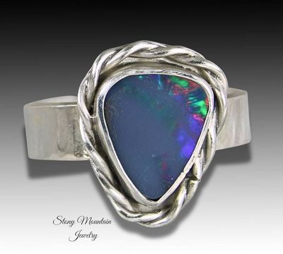 Alternate image for One of a Kind Australian Opal Ring, Handmade Genuine Opal Ring, Unique Sterling Silver Natural Blue Boulder Opal Cocktail Ring Size 7