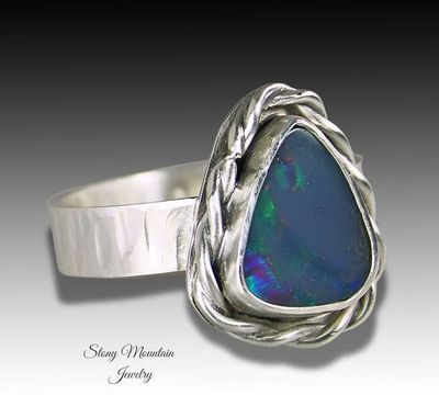 Alternate image for One of a Kind Australian Opal Ring, Handmade Genuine Opal Ring, Unique Sterling Silver Natural Blue Boulder Opal Cocktail Ring Size 7