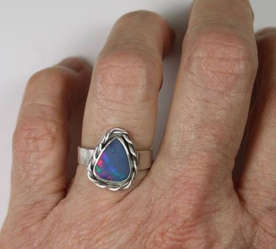 Alternate image for One of a Kind Australian Opal Ring, Handmade Genuine Opal Ring, Unique Sterling Silver Natural Blue Boulder Opal Cocktail Ring Size 7