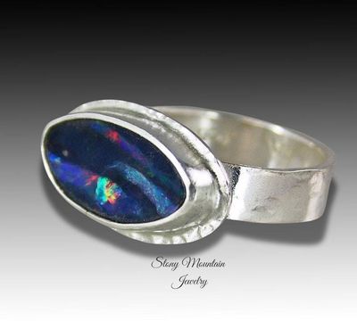 Primary image for One of a Kind Australian Opal Ring, Handmade Genuine Opal Ring, Unique Sterling Silver Natural Blue Boulder Opal Cocktail Ring Size 6.5