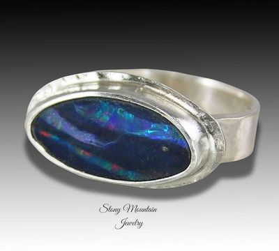 Alternate image for One of a Kind Australian Opal Ring, Handmade Genuine Opal Ring, Unique Sterling Silver Natural Blue Boulder Opal Cocktail Ring Size 6.5