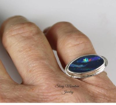 Alternate image for One of a Kind Australian Opal Ring, Handmade Genuine Opal Ring, Unique Sterling Silver Natural Blue Boulder Opal Cocktail Ring Size 6.5