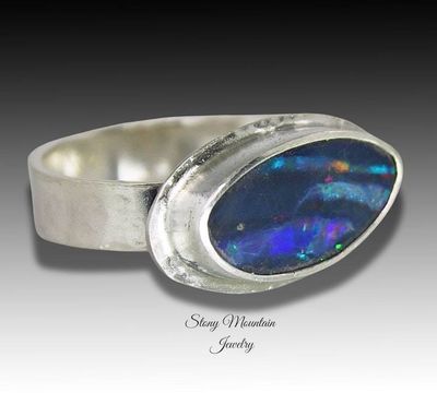 Alternate image for One of a Kind Australian Opal Ring, Handmade Genuine Opal Ring, Unique Sterling Silver Natural Blue Boulder Opal Cocktail Ring Size 6.5
