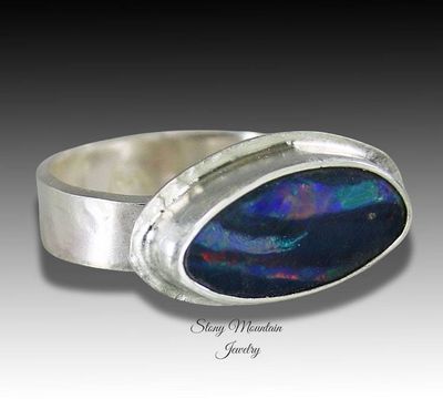 Alternate image for One of a Kind Australian Opal Ring, Handmade Genuine Opal Ring, Unique Sterling Silver Natural Blue Boulder Opal Cocktail Ring Size 6.5