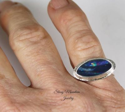 Alternate image for One of a Kind Australian Opal Ring, Handmade Genuine Opal Ring, Unique Sterling Silver Natural Blue Boulder Opal Cocktail Ring Size 6.5