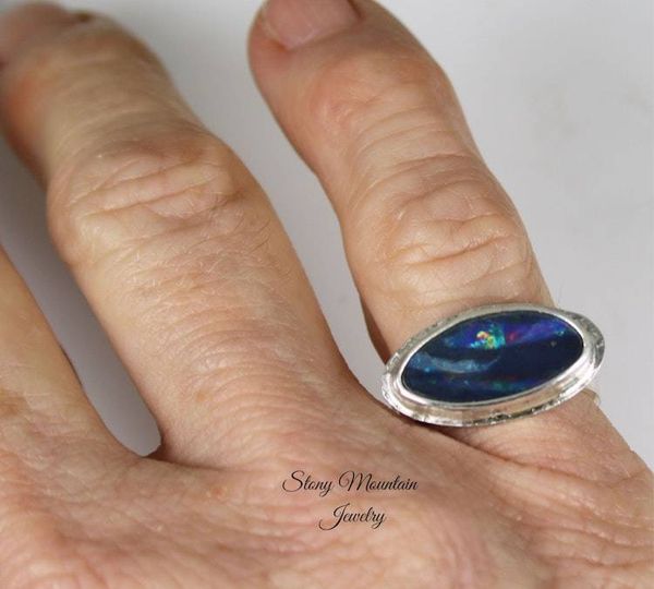 Alternate image for One of a Kind Australian Opal Ring, Handmade Genuine Opal Ring, Unique Sterling Silver Natural Blue Boulder Opal Cocktail Ring Size 6.5