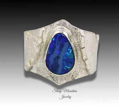Alternate image for Australian Boulder Opal Ring, Handmade Genuine Australian Opal Ring, Unique Sterling Silver Natural Blue Opal Cocktail Ring Size 9.5