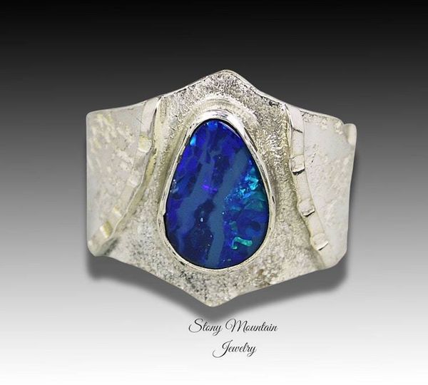 Alternate image for Australian Boulder Opal Ring, Handmade Genuine Australian Opal Ring, Unique Sterling Silver Natural Blue Opal Cocktail Ring Size 9.5