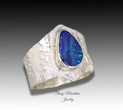Alternate image for Australian Boulder Opal Ring, Handmade Genuine Australian Opal Ring, Unique Sterling Silver Natural Blue Opal Cocktail Ring Size 9.5
