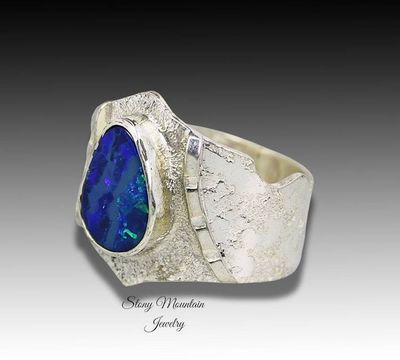 Alternate image for Australian Boulder Opal Ring, Handmade Genuine Australian Opal Ring, Unique Sterling Silver Natural Blue Opal Cocktail Ring Size 9.5