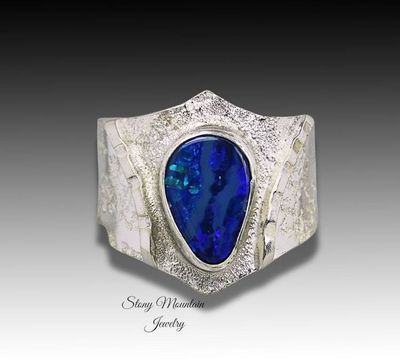 Alternate image for Australian Boulder Opal Ring, Handmade Genuine Australian Opal Ring, Unique Sterling Silver Natural Blue Opal Cocktail Ring Size 9.5