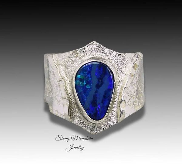 Alternate image for Australian Boulder Opal Ring, Handmade Genuine Australian Opal Ring, Unique Sterling Silver Natural Blue Opal Cocktail Ring Size 9.5