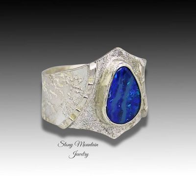 Alternate image for Australian Boulder Opal Ring, Handmade Genuine Australian Opal Ring, Unique Sterling Silver Natural Blue Opal Cocktail Ring Size 9.5